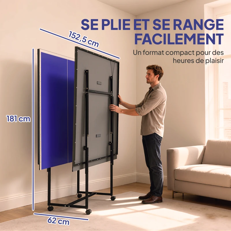 SPORTNOW Table de tennis de table ping-pong pliable compacte 4 roulettes pour intérieur 274L x 152,5l x 75,5H cm