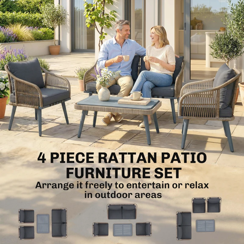 Outsunny 4 Piece Rattan Garden Furniture Set with Loveseat, Wicker Patio Conversation Set, Grey