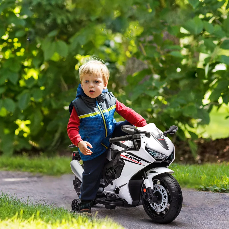 HOMCOM Moto Électrique Enfants sous Licence HONDA 6 V, 3 Km/h, Musique & Lumière, 2 Roues d'Entraînement, Blanc(m-6)