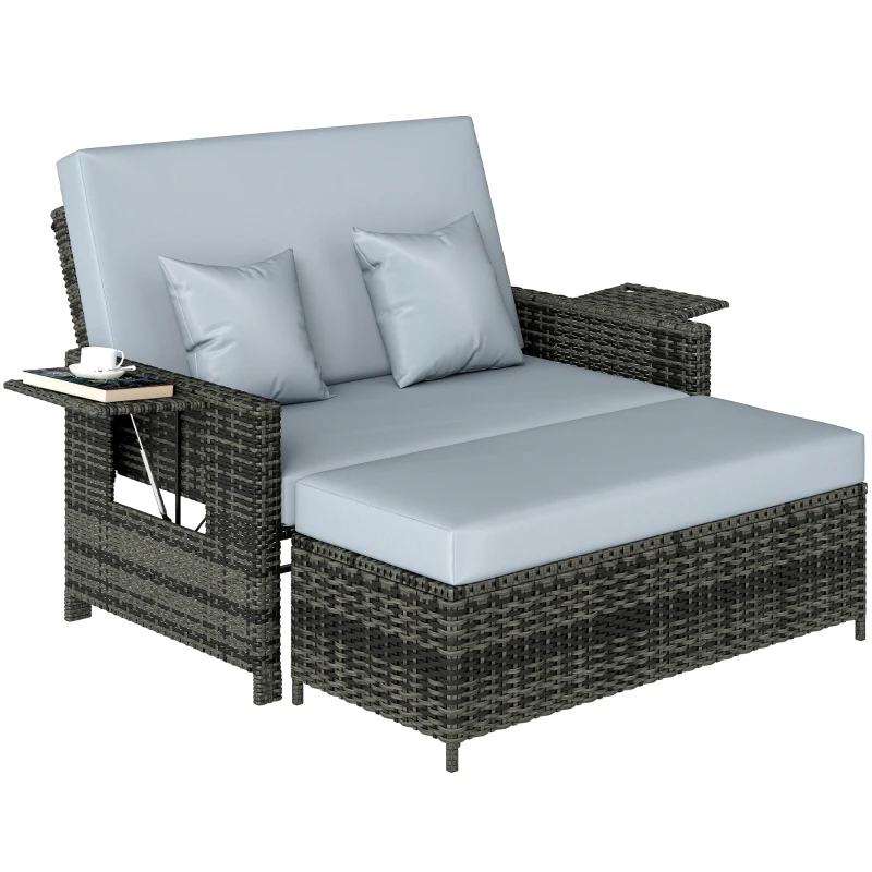 Outsunny Gartensofa mit Liegefunktion, ausfahrbare Fußbank mit Stauraum, Sitzkissen, grau, 130 x 72 x 96 cm