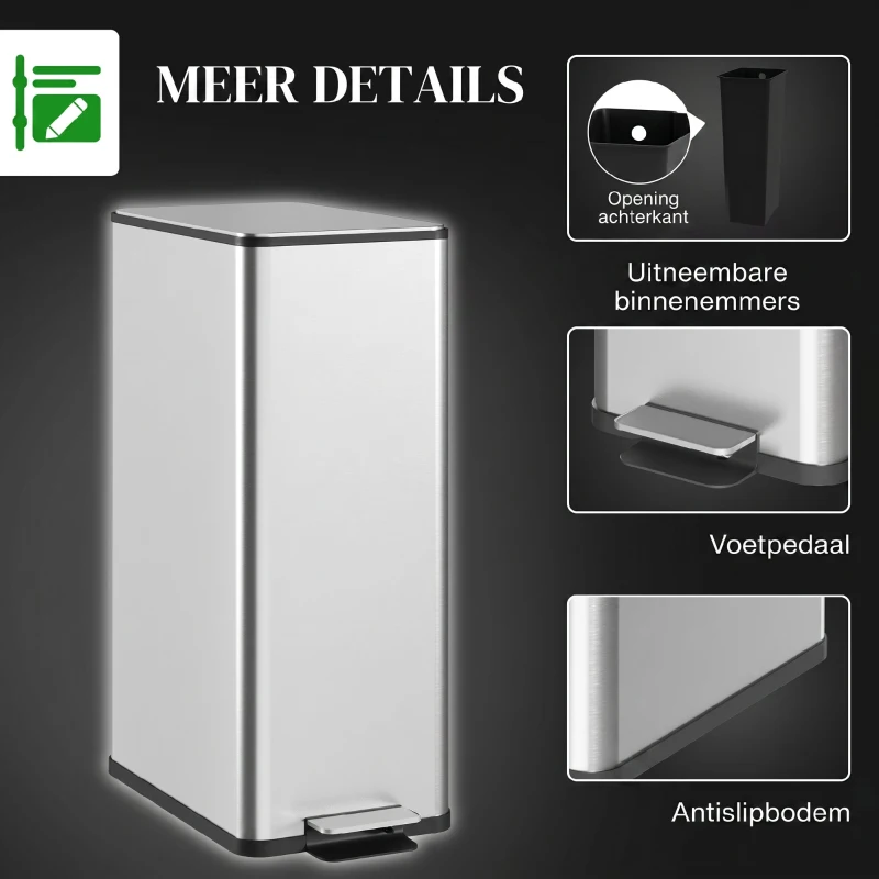 HOMCOM Prullenbak 20L, Soft-Close Deksel, Deodorantvak, Vingerafdrukbestendig, Roestvrij Staal, Zilver(m-7)