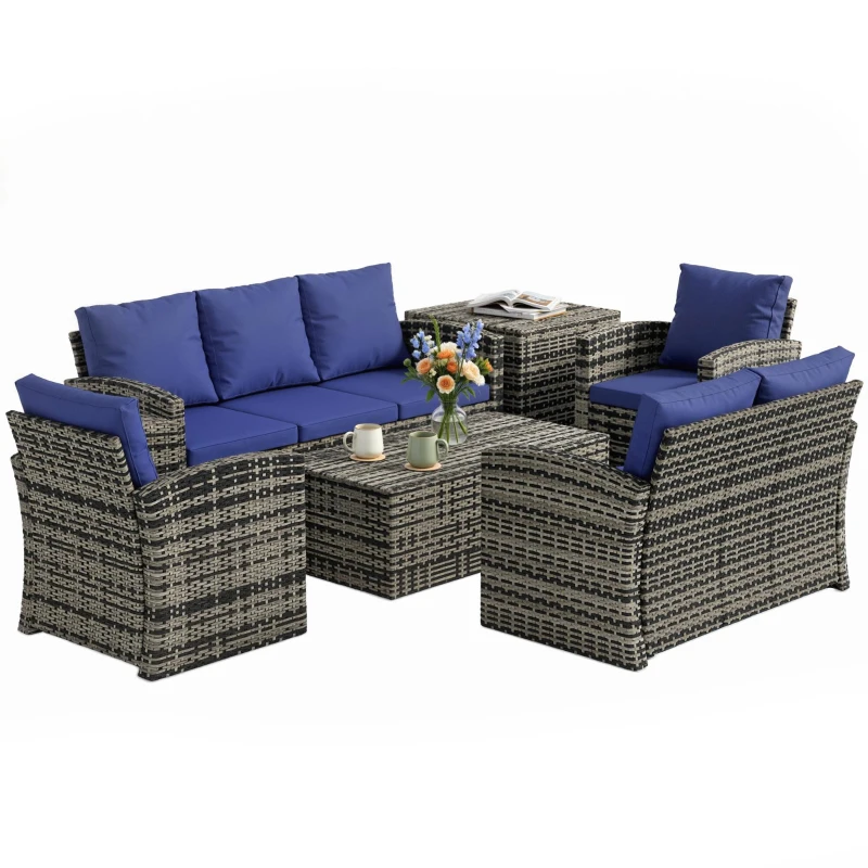 Outsunny 6 Pieces Rattan Garden Furniture Set, 7 Seater Wicker Outdoor Furniture Set with Storage Tea Table & Side Table, Sectional Garden Sofa Set with Cushions, Navy Blue