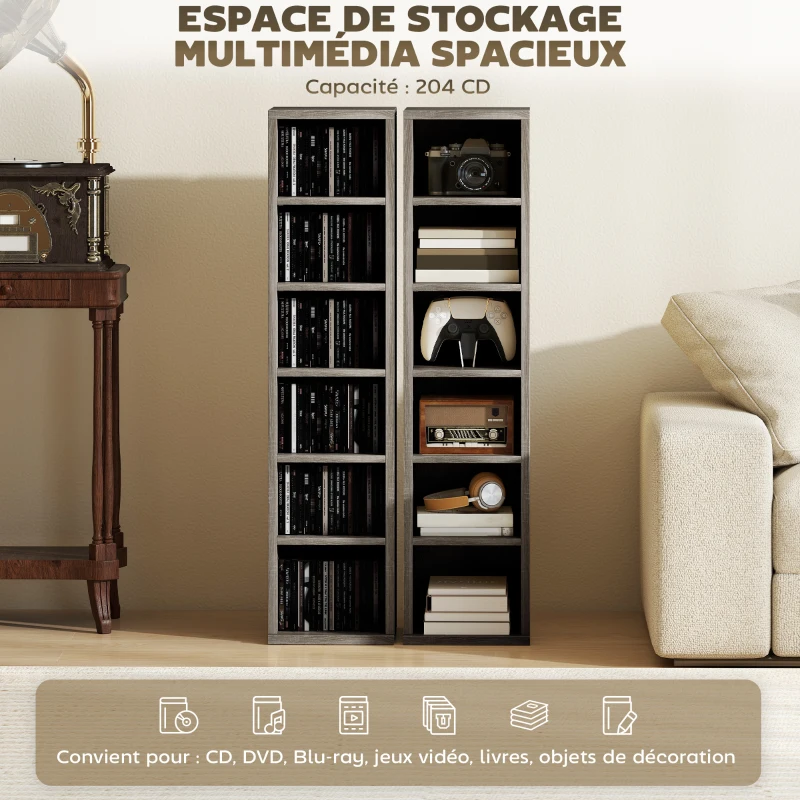 HOMCOM Lot de 2 étagères colonnes armoire de rangement CD-DVD 12 compartiments 21 x 22,5 x 88,5 cm capacité 204 CD gris