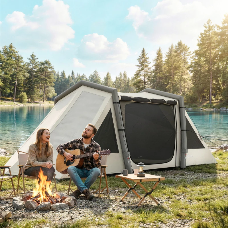 Outsunny Opblaasbare Tent 6 Personen Snelle Opbouw Outdoor Tent voor Kamperen met 2 Slaapkamers Veranda Ramen