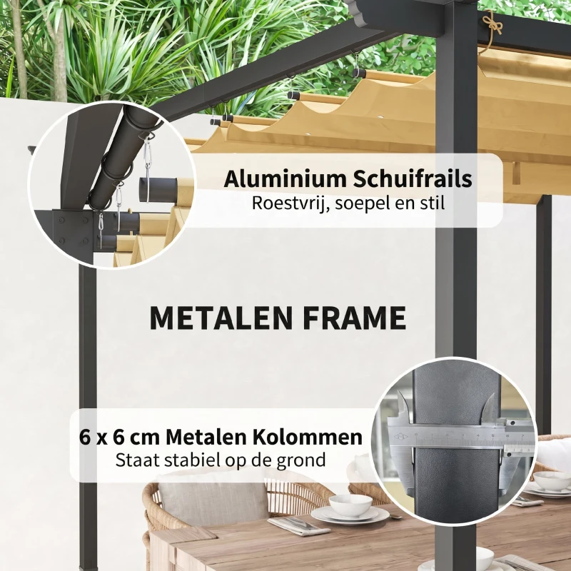 Outsunny 3 x 3 m Tuinpergola met Verstelbaar Dak, Metalen Frame, UPF30+ Bescherming, Zonnedak voor Veranda, Terras, Beige