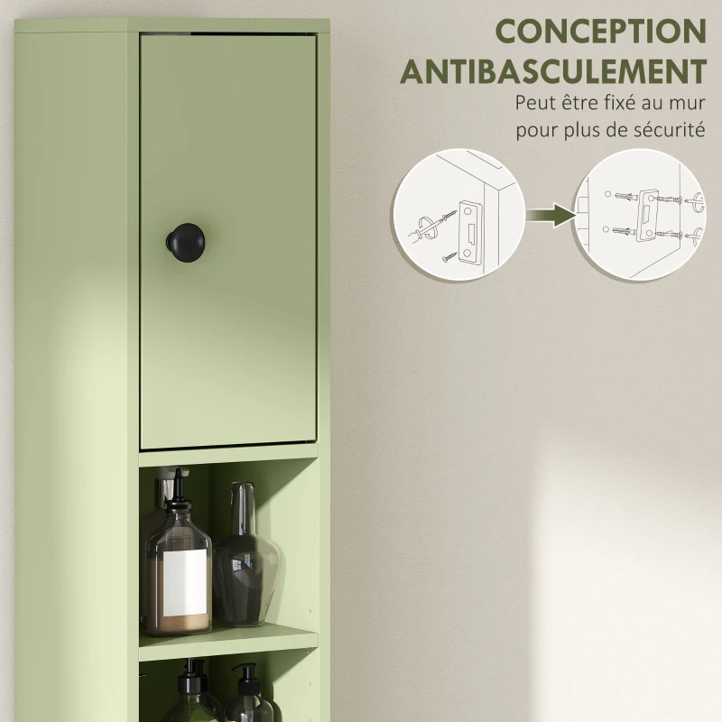 kleankin Colonne de rangement armoire haute pour salle de bain 1 tiroir 4 étagères réglables et 2 placards 20 x 20 x 180 cm vert