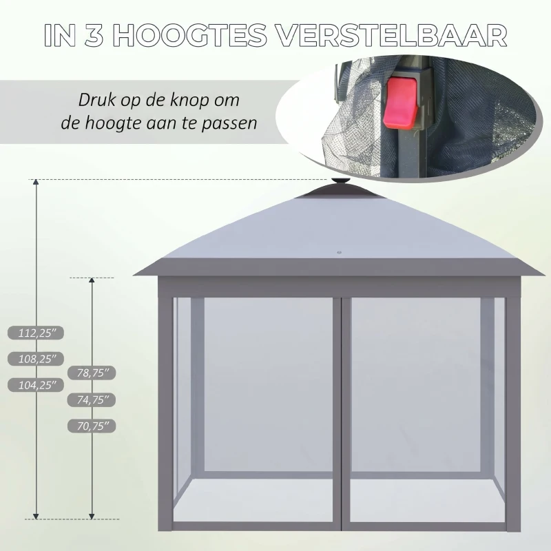 Outsunny 3,3 x 3,3 m Inklapbare Partytent met LED-verlichting, Meshgordijnen, Draagtas, Grijs