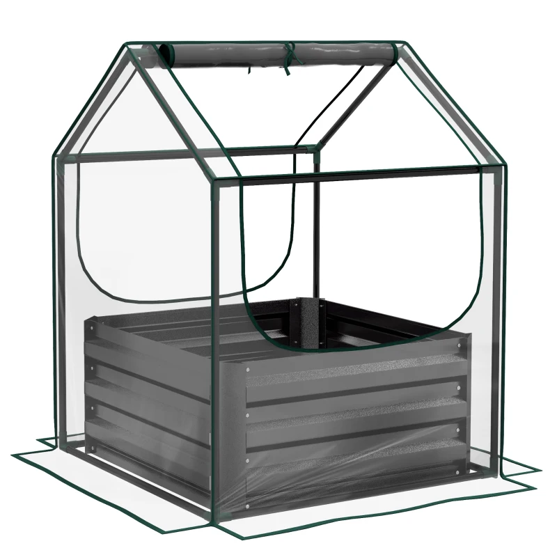 Outsunny Carré potager de jardin avec mini serre, jardinière surélevée en acier galvanisé, 70 x 70 x 90 cm, gris foncé