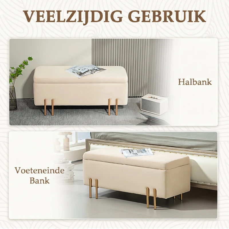 HOMCOM Gestoffeerde bank met Opbergruimte, Kistbank, Schuim, Metaal, Rubberhout, 100 x 40 x 42 cm, Beige(m-6)