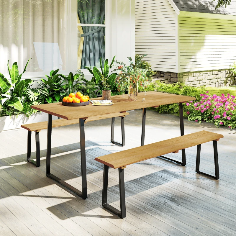 Outsunny 3-delige houten zitgroep voor 6 personen met eettafel en 2 banken, parasolgat, 178 x 76 x 77 cm, natuurlijk hout