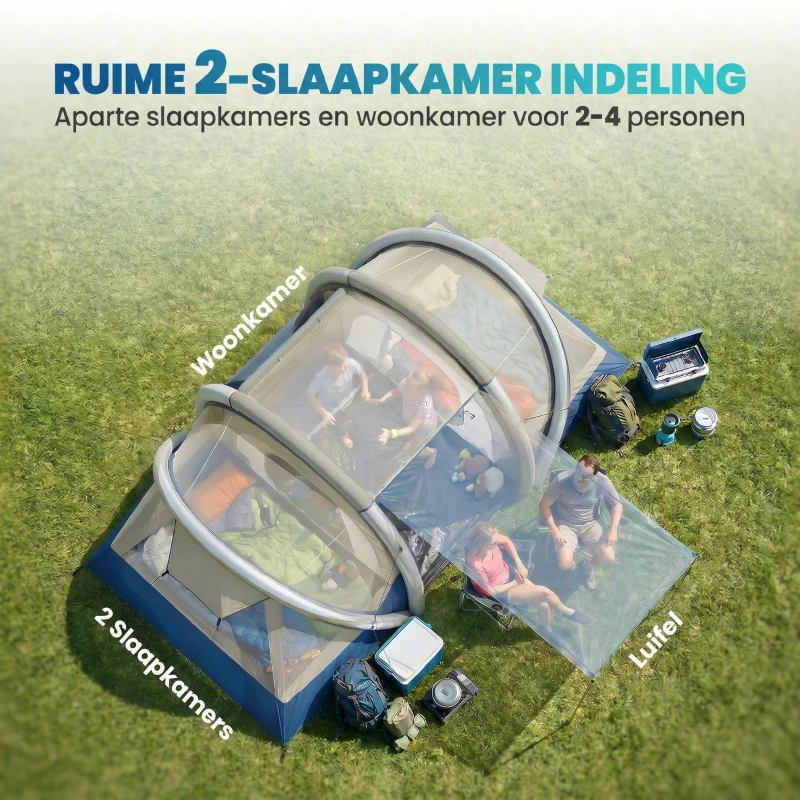 Outsunny Opblaasbare Tent voor 4 Personen – Snel op te zetten Outdoor Camping Tent met 2 Slaapkamers, Meshramen en Luifel