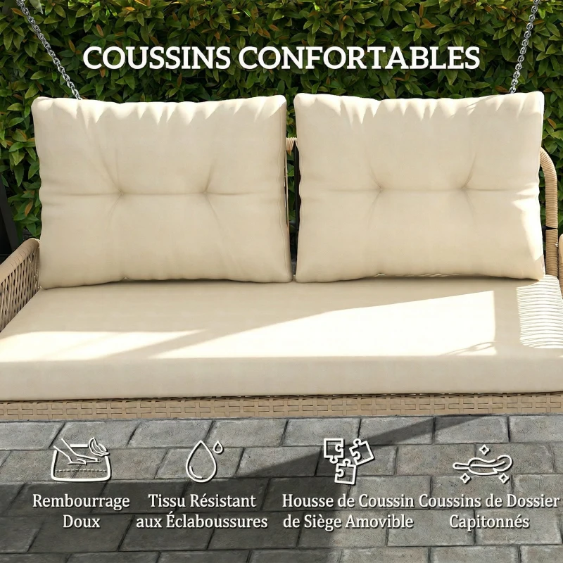 Outsunny Banc Suspendu Extérieure 2 Places en Résine Tressée avec Coussins et Chaînes en Acier, 115x66x44cm, Beige