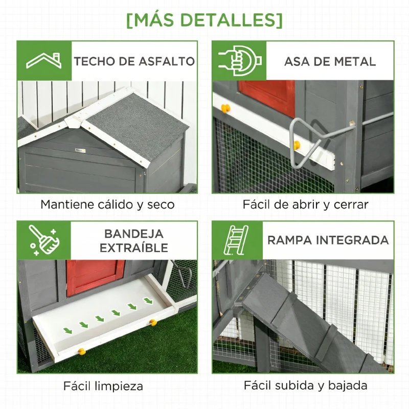 PawHut Gallinero para Exterior Grande de Madera 300x66x116 cm con Nido Corral Bandeja Extraíble Techo Asfáltico Rampa Gris