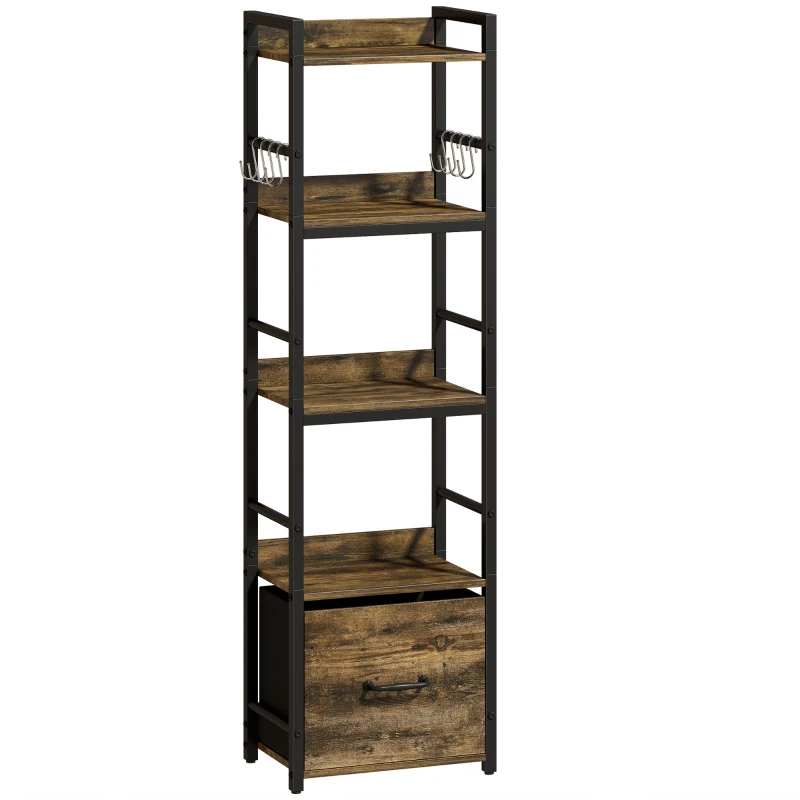 HOMCOM Bibliothèque à 4 niveaux, étagère de rangement étroite avec tiroir, 8 crochets, , 39 x 26 x 136,5 cm, brun rustique