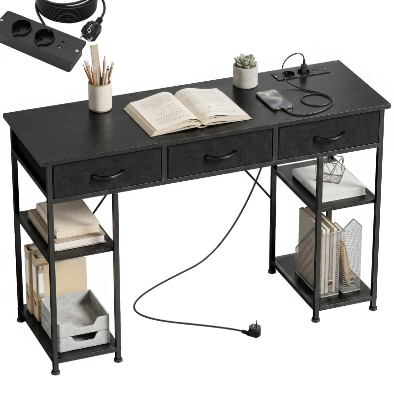 HOMCOM Schreibtisch mit Stauraum mit Steckdosen, 3 Stoffschubladen und 4 Ablagefächern, 120 x 40 x 76 cm, schwarz