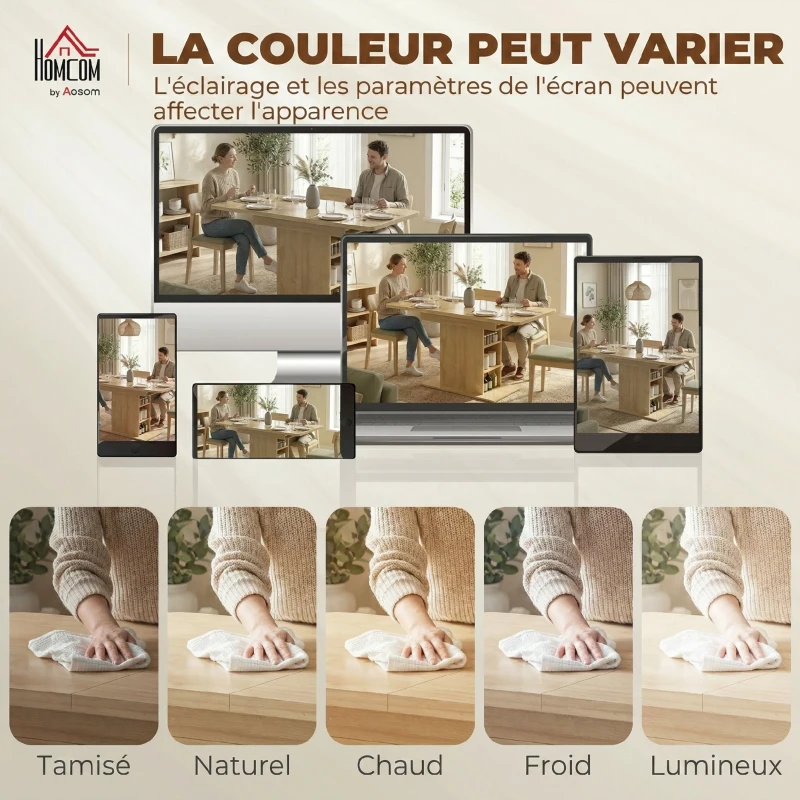 HOMCOM Table à manger extensible rectangle pour 4 à 6 personnes, table de cuisine 110-130 cm, 6 étagères ouvertes, bois naturel