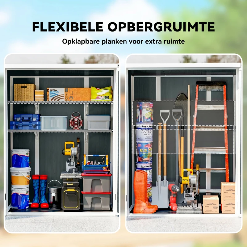 Outsunny Tuinberging 0,8m², Tuinhuis met inklapbare planken, 134 x 68,5 x 170 cm Kunststof met Afsluitbare Dubbele Deur Bodemplaat