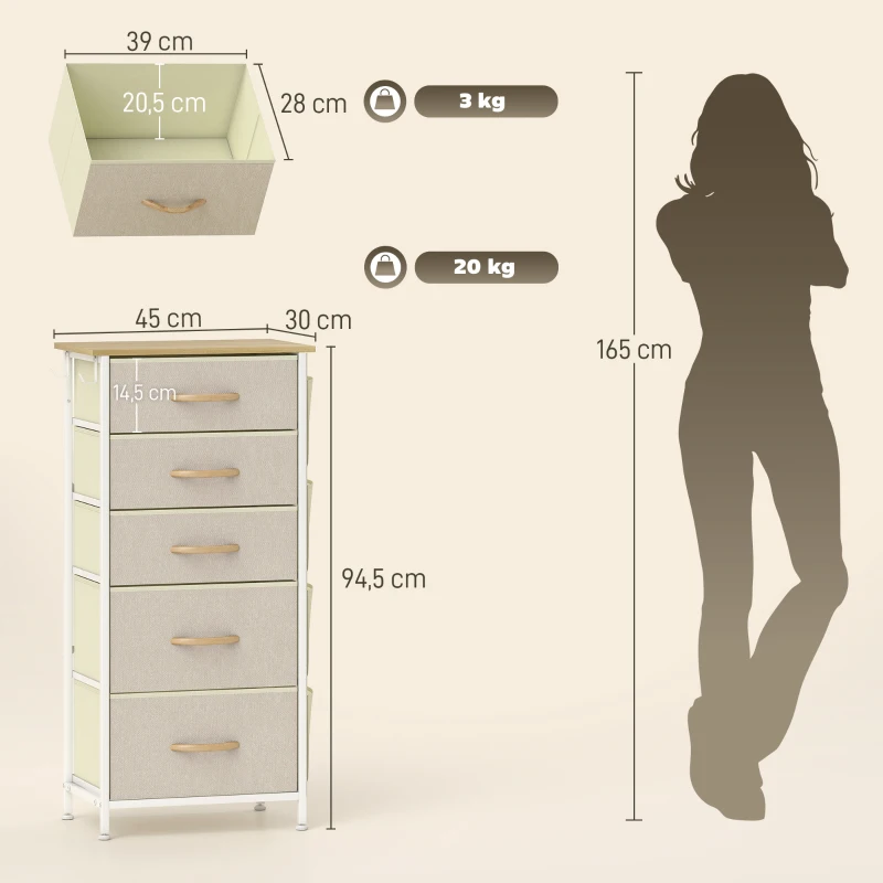 HOMCOM Schlafzimmer-Kommode mit 5 Stoffschubladen, Stahlstreben, Holzoberfläche, 4 Aufbewahrungstaschen, 2 Haken, Beige
