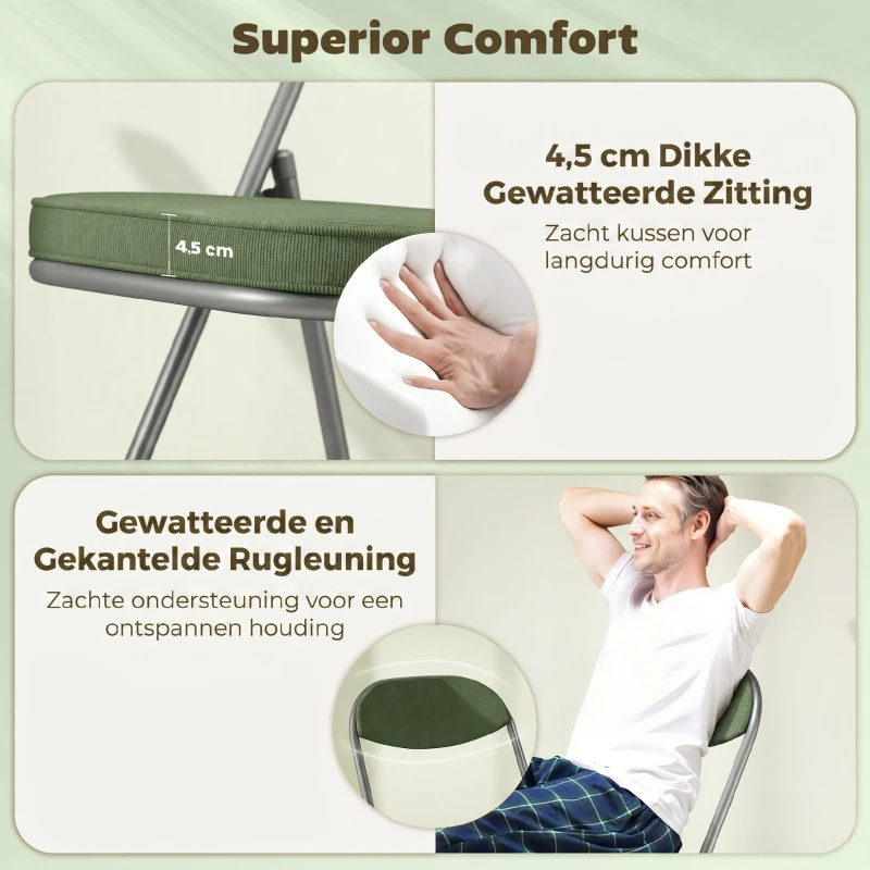 HOMCOM Set van 4 gepolsterde klapstoelen, opvouwbare stoelen met ribfluweelbekleding, rugleuning, metalen frame, groen