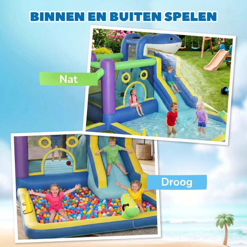 AIYAPLAY 8-in-1 Opblaasbaar Springkasteel met Haai-Design Blazer Glijbaan Zwembad Trampoline voor 3–8 Jaar 405x345x235cm Multicolor