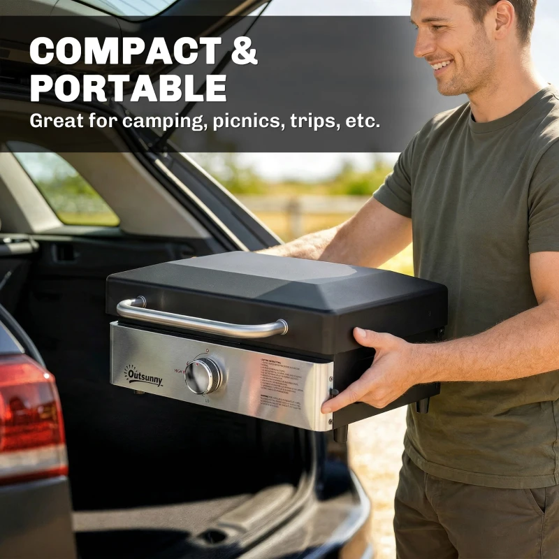 Outsunny Grill Griddle, Portable Gas Plancha, 3.5 kW, Tabletop Gas BBQ with Grease Cup for Camping Picnic Patios, Black