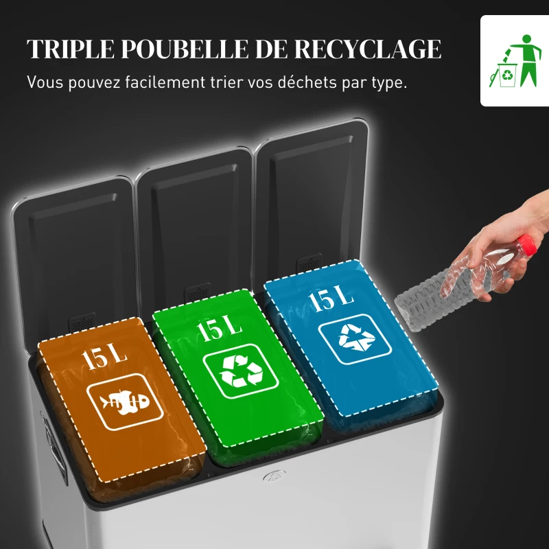HOMCOM Poubelle de cuisine, poubelle tri sélectif, 3 compartiments de 15L, seaux intérieurs amovibles, 61,9x36,6x43,2cm, argent