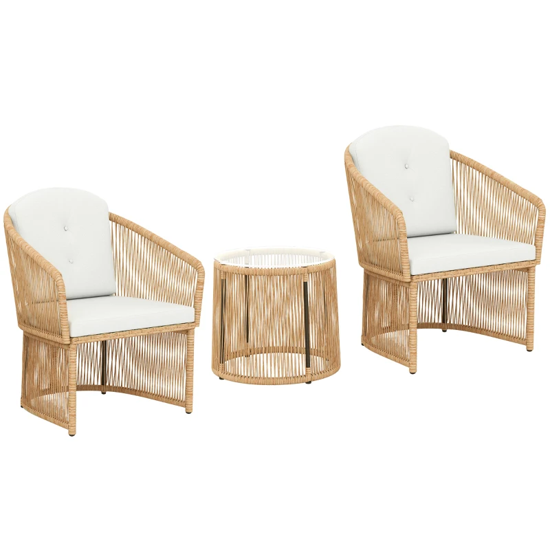 Outsunny Salon de jardin extérieur en résine tressée 2 personnes, table de jardin extérieure avec 2 chaises avec coussins, crème