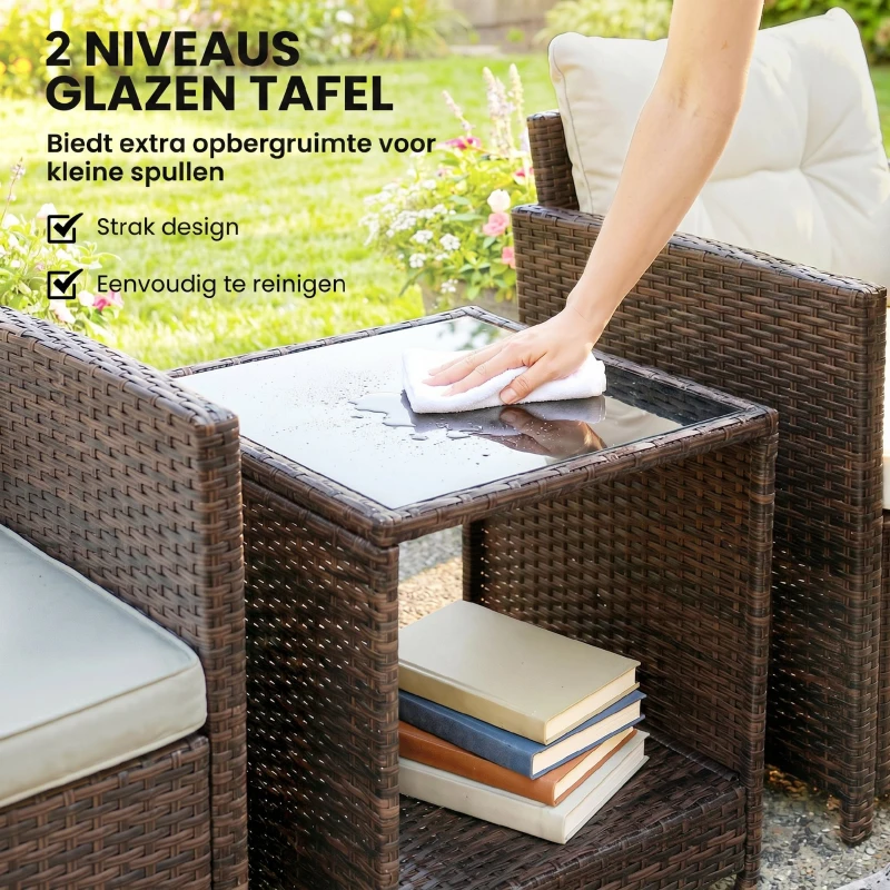 Outsunny Rattan bistroset, 3-delig tuinmeubelset met 2 stoelen, glazen tafel met 2 niveaus, afneembare kussens, crème