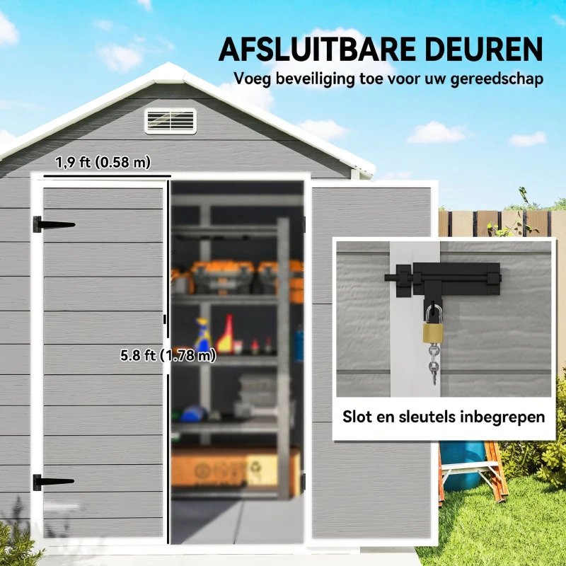 Outsunny Tuinschuur, Gereedschapsschuur met Bodem, Afsluitbare Deuren, Ventilatieopeningen, Venster, Houtlook, Kunststof, Grijs