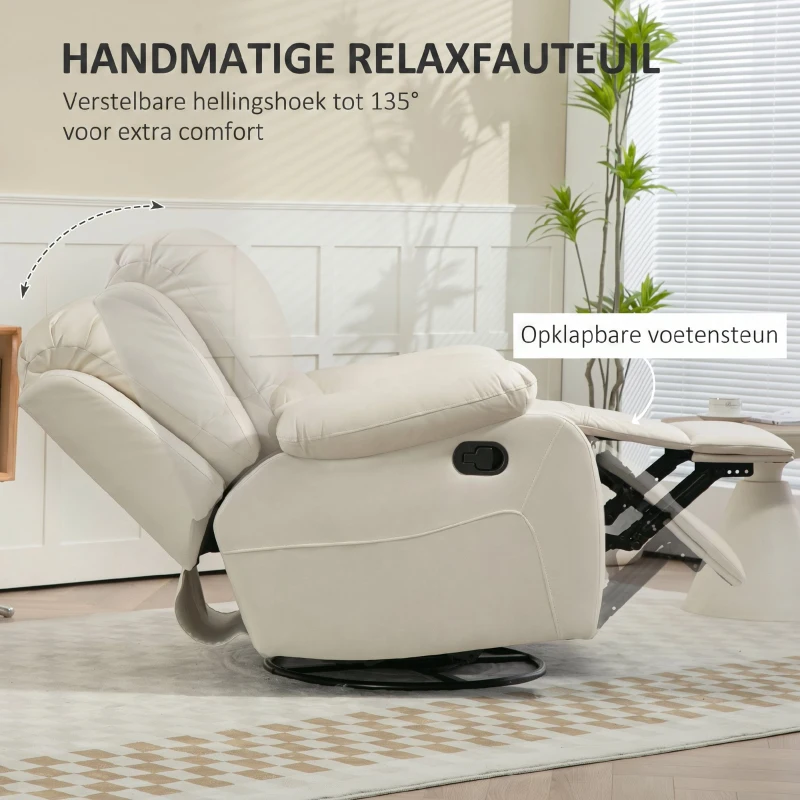 HOMCOM Relaxstoel, verstelbare leuning & voetsteun, draaibaar, tot 150 kg, stalen frame, 93x100x98cm, Crèmewit(m-4)