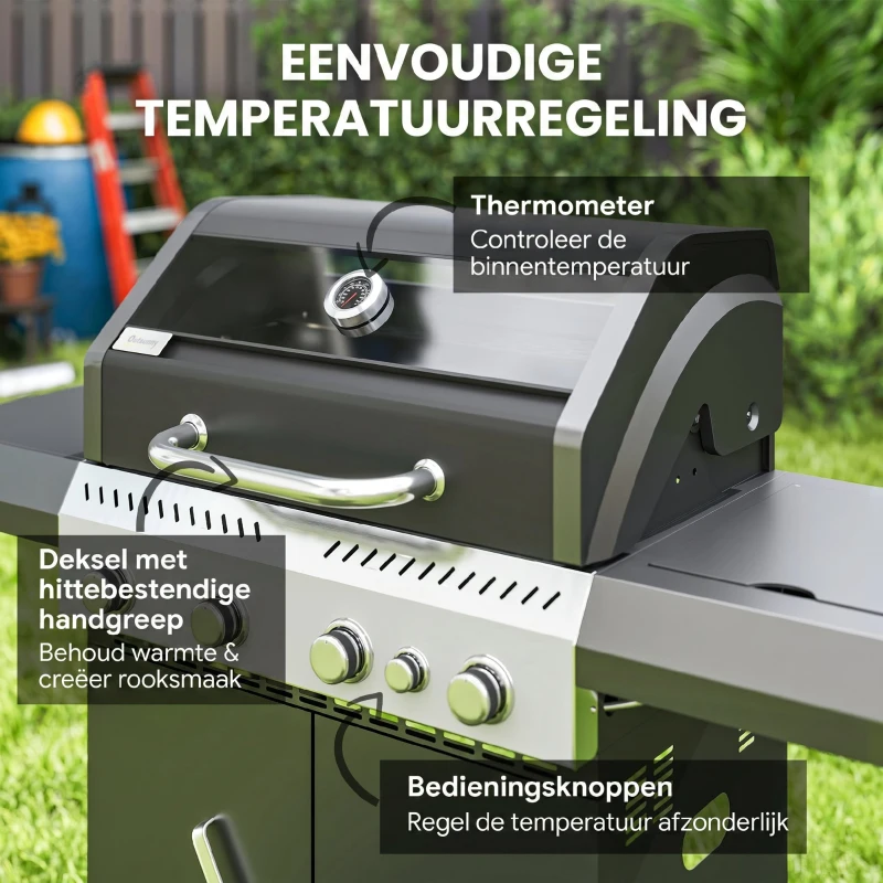 Outsunny Gasgrill 12 KW Grillwagen met 5 Branders, Zijkoker, Deksel, Thermometer, Zijplanken 135 x 54 x 110 cm