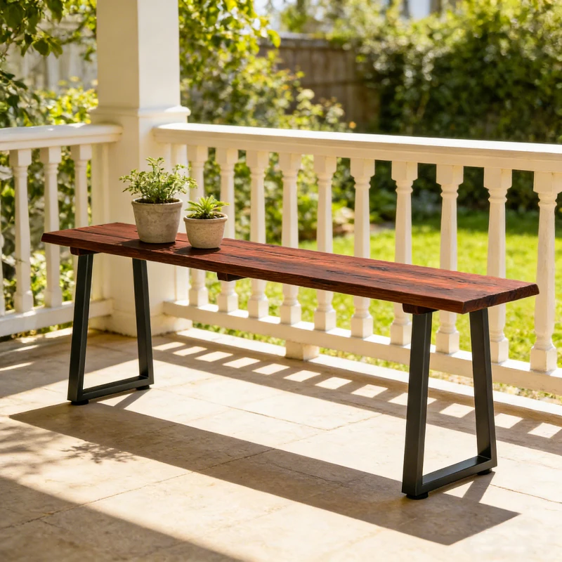 Outsunny Banc de Jardin en Bois Sans Dossier en Bois, Pieds trapézoïdaux en acier, 2 Places à Effet Bois, 150x28x48cm, Carbonisé