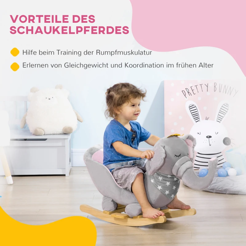 HOMCOM Schaukeltier Elefant, Sicherheitsgurt, gepolsterter Sattel, Soundfunktion 60 cm x 33 cm x 45 cm, Grau + Rosa