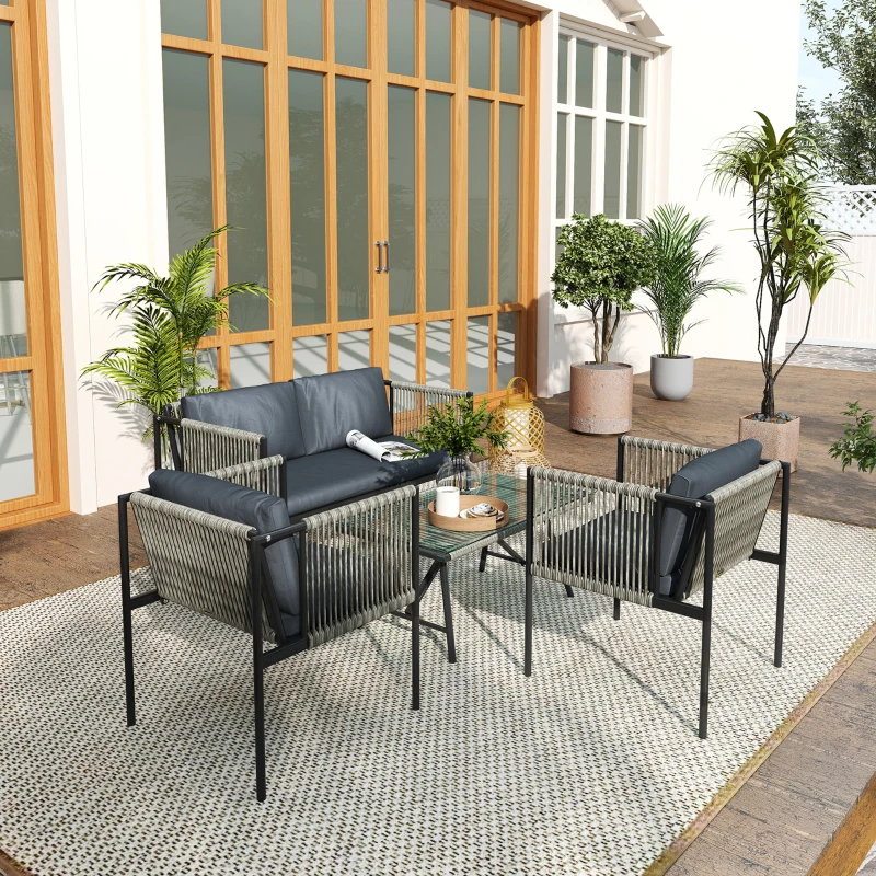 Outsunny 4-delige Tuinmeubelset: Sofa, 2 Fauteuils, Glazen Tafel met Kussens - Stalen Frame, Kunststof Rotan, Grijs
