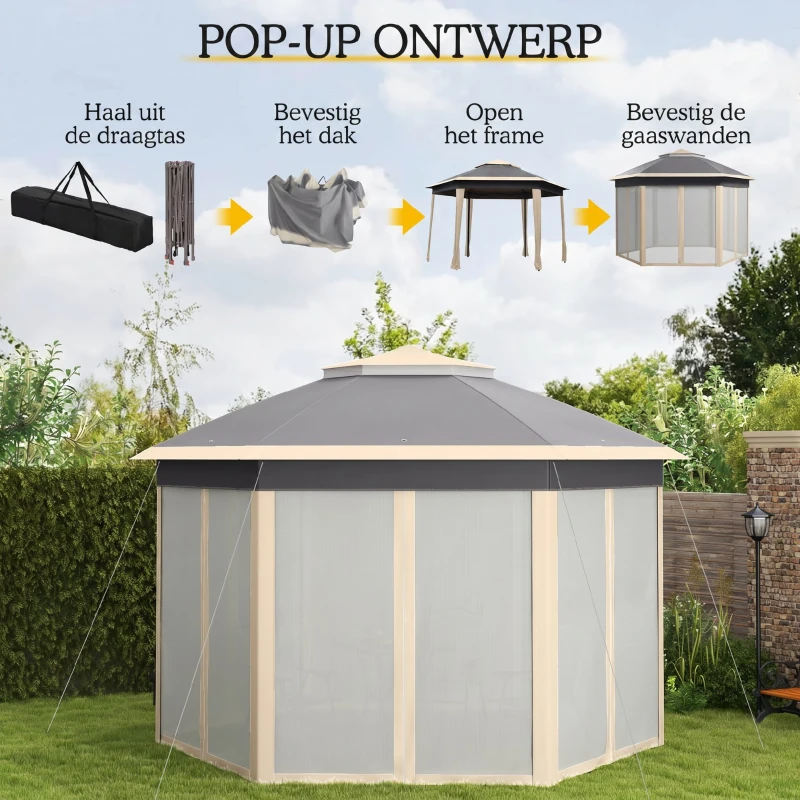 Outsunny Paviljoen 4x4 tuinpaviljoen zeshoekig opvouwbaar met draagtas dubbel dak beige+ kaki