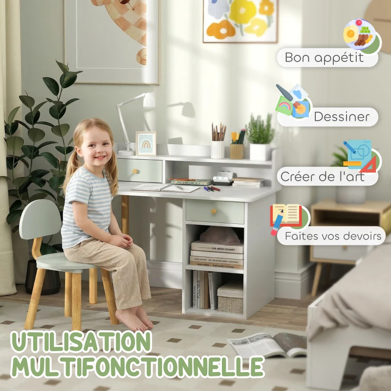 AIYAPLAY Bureau enfant avec chaise, table enfant et chaise avec 2 tiroirs et étagères ouvertes, 85 x 48 x 73 cm, vert