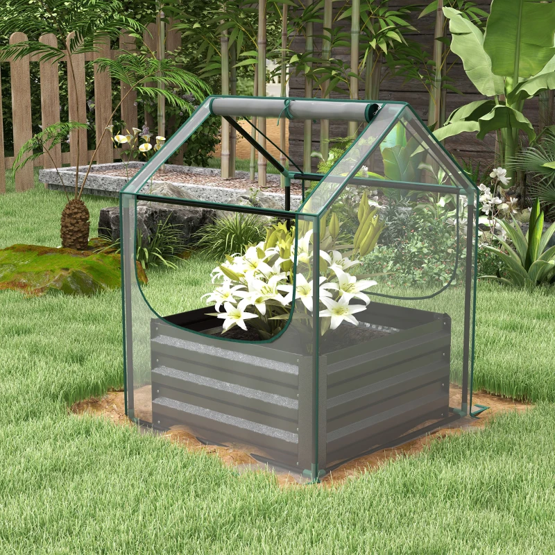 Outsunny Carré potager de jardin avec mini serre, jardinière surélevée en acier galvanisé, 70 x 70 x 90 cm, gris foncé