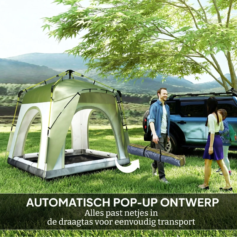 Outsunny 4 Persoons Koepeltent, Grote Familie Koepeltent voor Campen, Ruime 195x240x240cm, Groente(m-6)