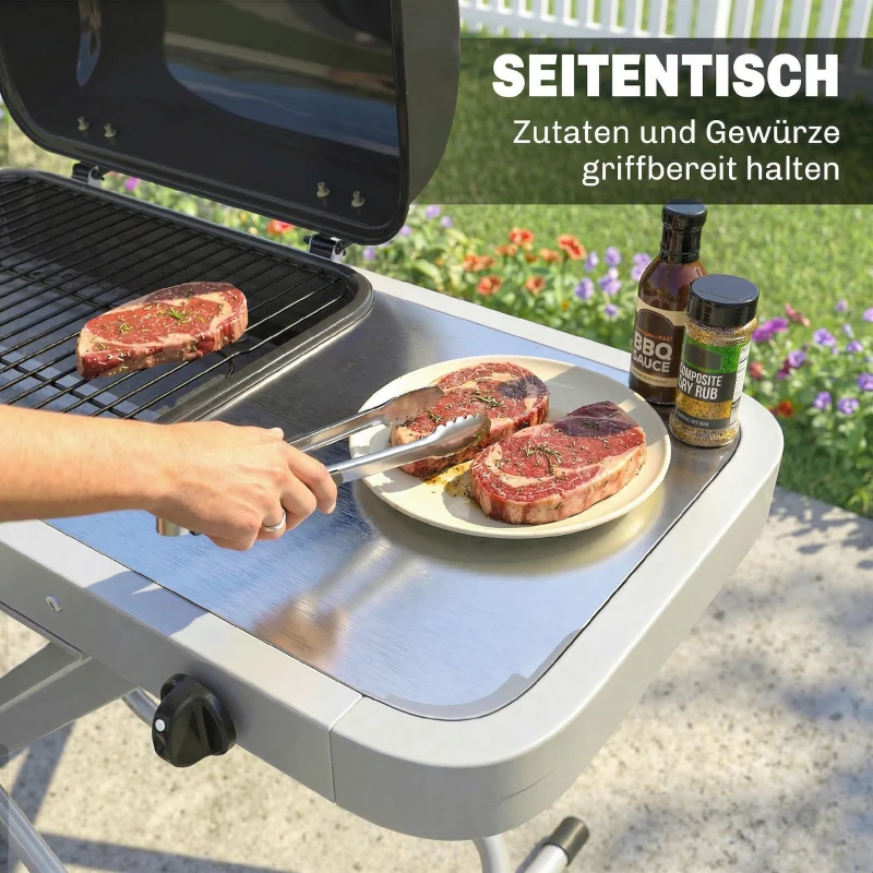 Outsunny Tragbarer Gasgrill 1-Brenner 2,5kW Grillwagen mit Faltbarem Rollwagen Grillrost Seitentisch Deckel Thermometer