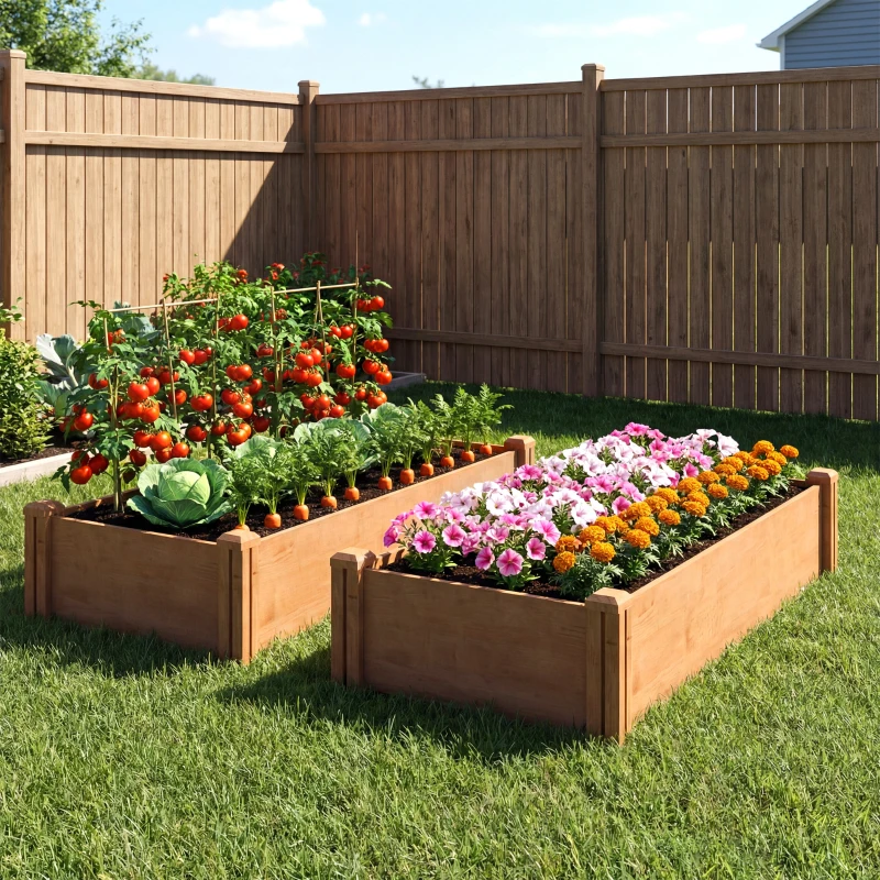 Outsunny Carré Potager en Bois Lit de Jardin Surélevé 4 Zones de Culture Fond Ouvert Montage sans Outil 234x109x25cm Marron Clair