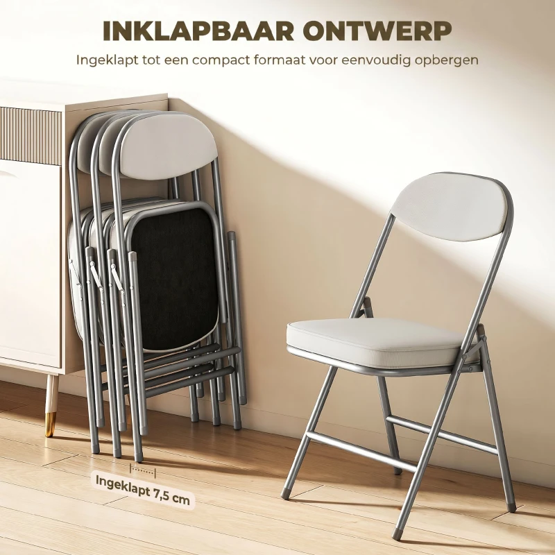 HOMCOM 4-delige Set Gestoffeerde Opklapbare Stoelen, Opvouwbare Stoelen met Corduroy Bekleding, Rugleuning, Metalen Frame, Crèmewit(m-5)