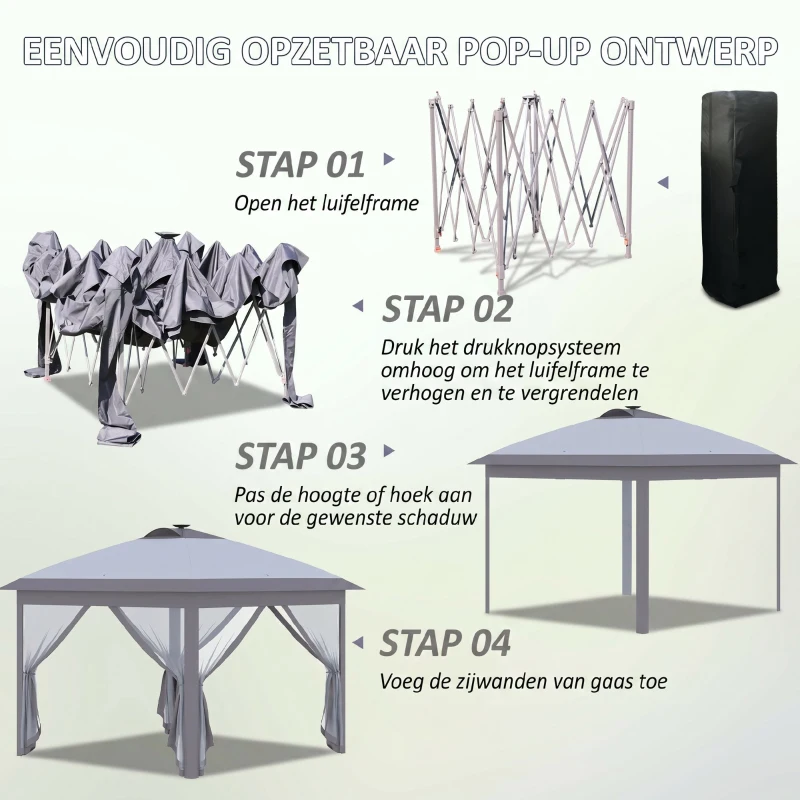 Outsunny 3,3 x 3,3 m Inklapbare Partytent met LED-verlichting, Meshgordijnen, Draagtas, Grijs