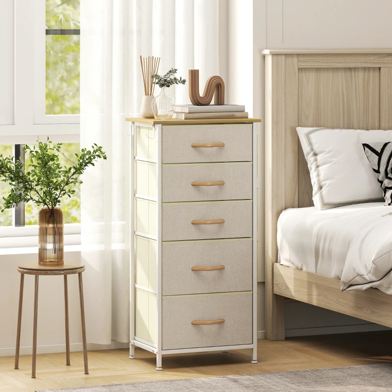HOMCOM Schlafzimmer-Kommode mit 5 Stoffschubladen, Stahlstreben, Holzoberfläche, 4 Aufbewahrungstaschen, 2 Haken, Beige