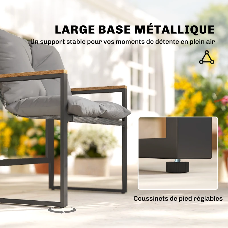 Outsunny Salon de jardin 3 pièces 2 places avec 2 fauteuils 1 table basse, plateau en verre trempé et coussins, gris