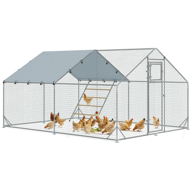 PawHut Gallinero Metálico de Exterior de 3x4m con Percha Multiusos Comedero Colgante Tipo Brocheta y Lona Protectora Resistente