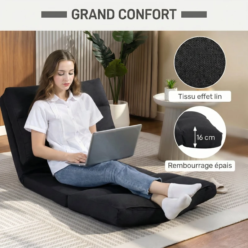 HOMCOM Fauteuil de sol canapé paresseux fauteuil convertible en lit inclinable 90° à 180° tissu - 70 x 72 x 56 cm - noir