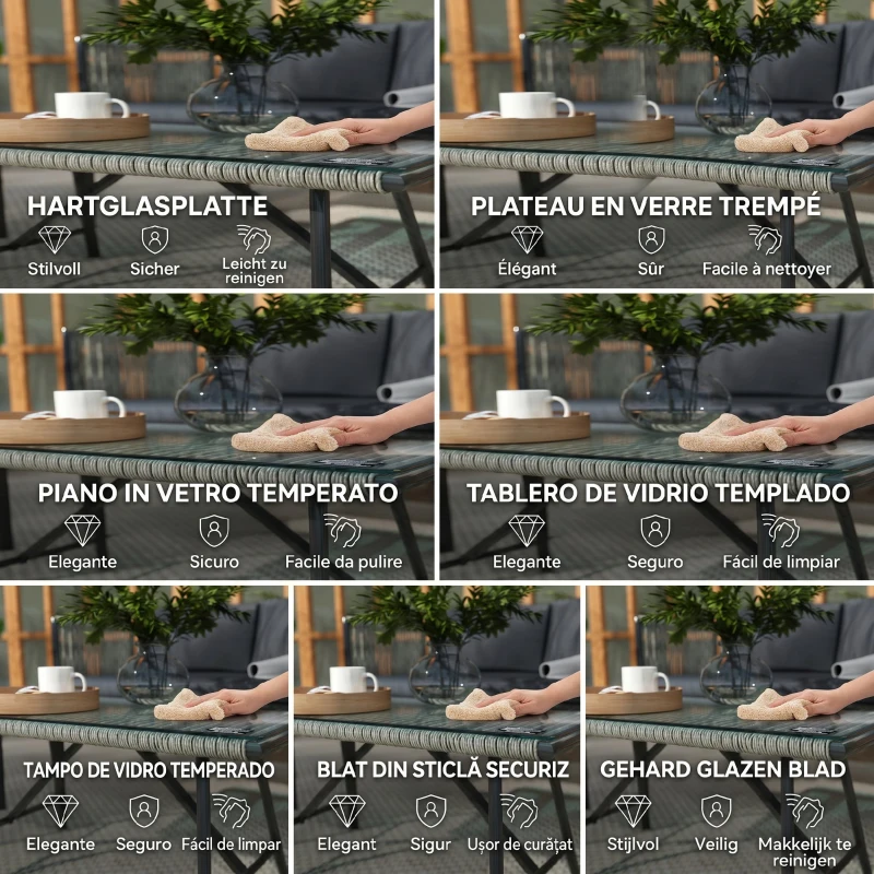 Outsunny 4-delige Tuinmeubelset: Sofa, 2 Fauteuils, Glazen Tafel met Kussens - Stalen Frame, Kunststof Rotan, Grijs
