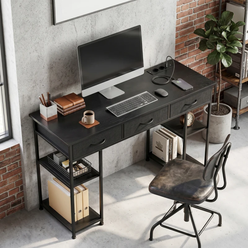 HOMCOM Schreibtisch mit Stauraum mit Steckdosen, 3 Stoffschubladen und 4 Ablagefächern, 120 x 40 x 76 cm, schwarz