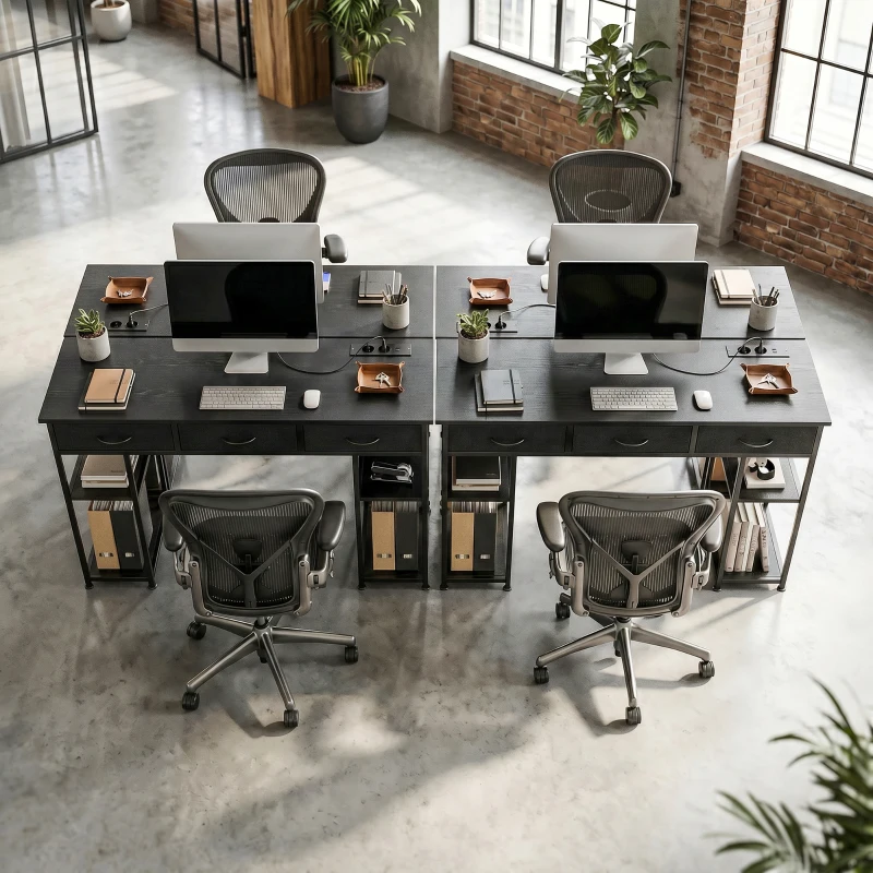 HOMCOM Schreibtisch mit Stauraum mit Steckdosen, 3 Stoffschubladen und 4 Ablagefächern, 120 x 40 x 76 cm, schwarz
