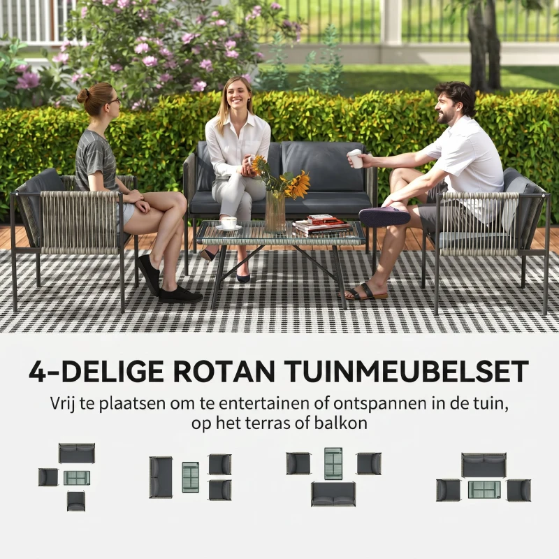 Outsunny 4-delige Tuinmeubelset: Sofa, 2 Fauteuils, Glazen Tafel met Kussens - Stalen Frame, Kunststof Rotan, Grijs